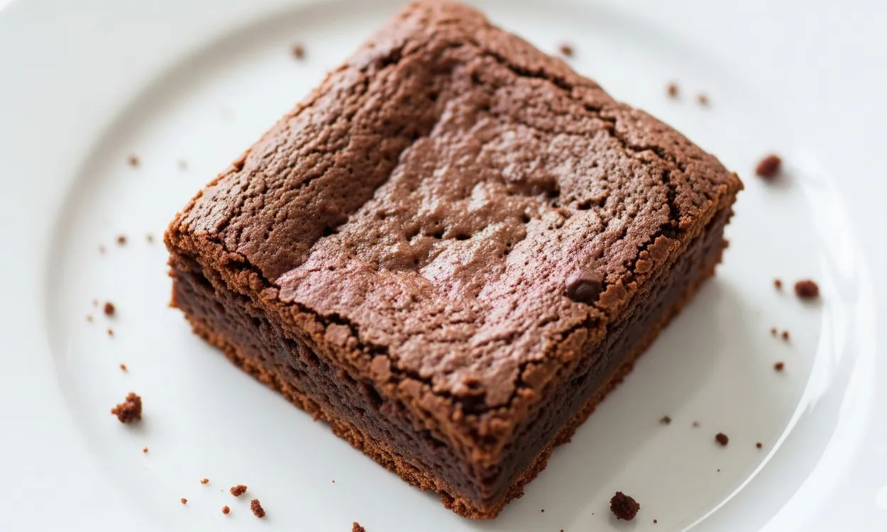 Um brownie quadrado recém-assado, com uma casquinha rachada e um interior úmido e denso, servido em um prato branco simples. Migalhas escuras de chocolate estão espalhadas ao redor, destacando a textura rica e a cor marrom escura do doce. A iluminação suave realça a superfície brilhante do brownie, sugerindo uma experiência deliciosa e indulgente.