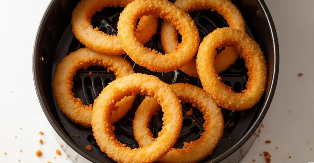 Anéis de cebola dourados e crocantes recém-feitos em uma airfryer, destacando a textura deliciosa e o preparo prático.