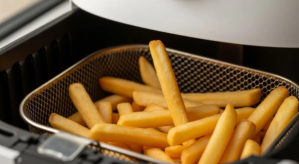 Close-up de batata frita dourada dentro de uma airfryer, pronta para ser retirada.