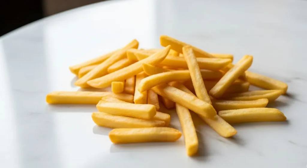 Porção de batata frita crocante após ser preparada na airfryer, sobre uma superfície de mesa clara.