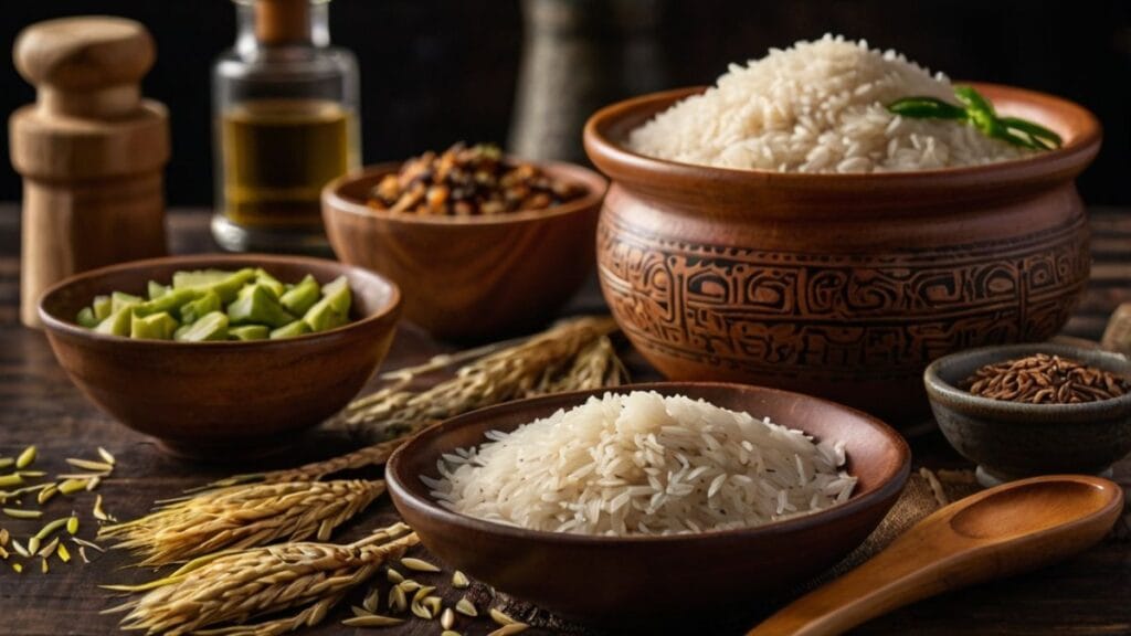 Como cozinhar arroz soltinho, arroz em uma mesa com farinha, grãos