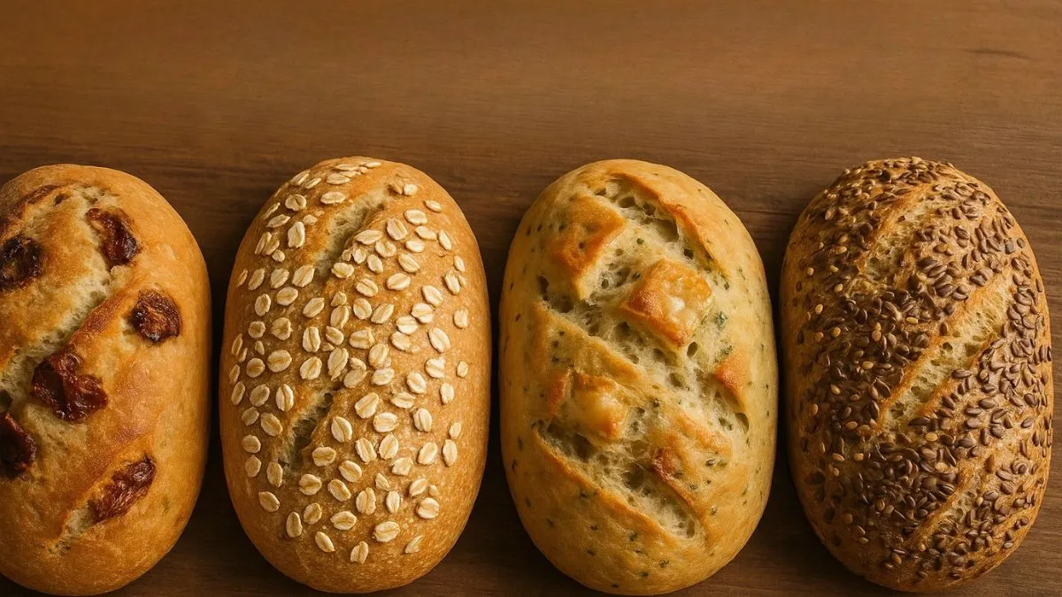 Vários tipos de pão em uma mesa, pão de gergilin, pão de aveia, pão preto.