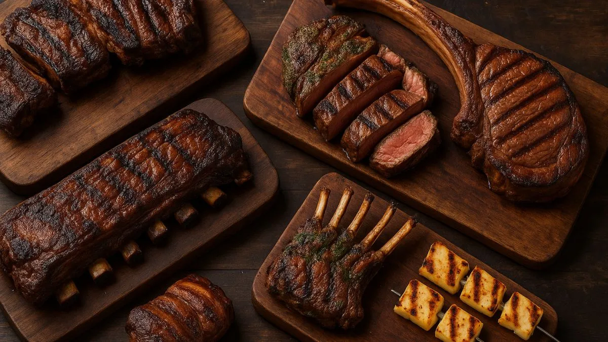 Famoso Churrasco Brasileiro, várias carnes na mesa
