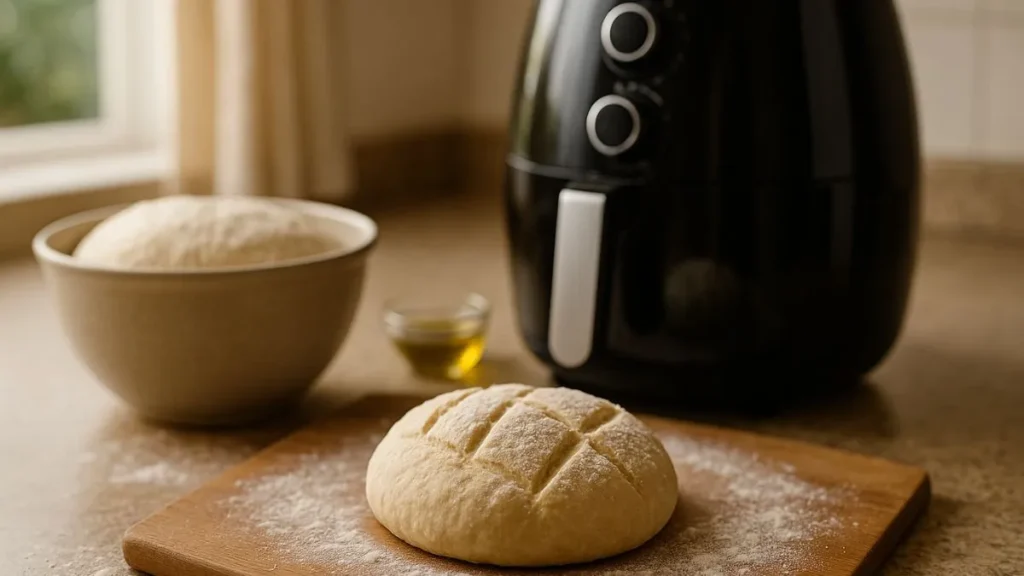 pão moldado, massa fermentando e a Airfryer em segundo plano