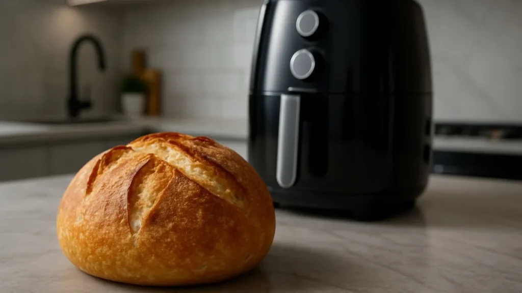 Pão Caseiro em cima de uma mesa de cozinha com uma airfryer nos fundos