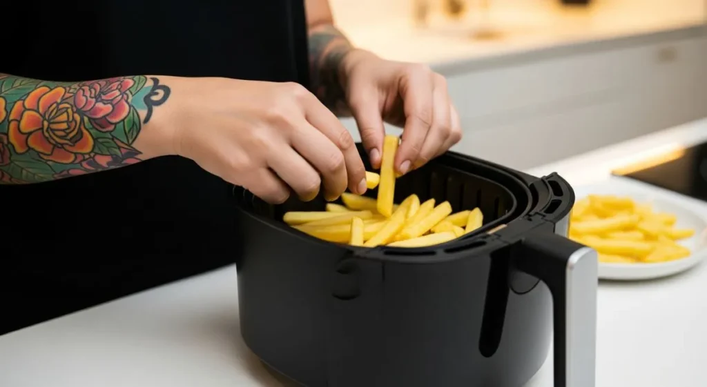 Mãos arrumando batata frita crua na cesta de uma airfryer para cozinhar. Fritando batata frita na airfyrer