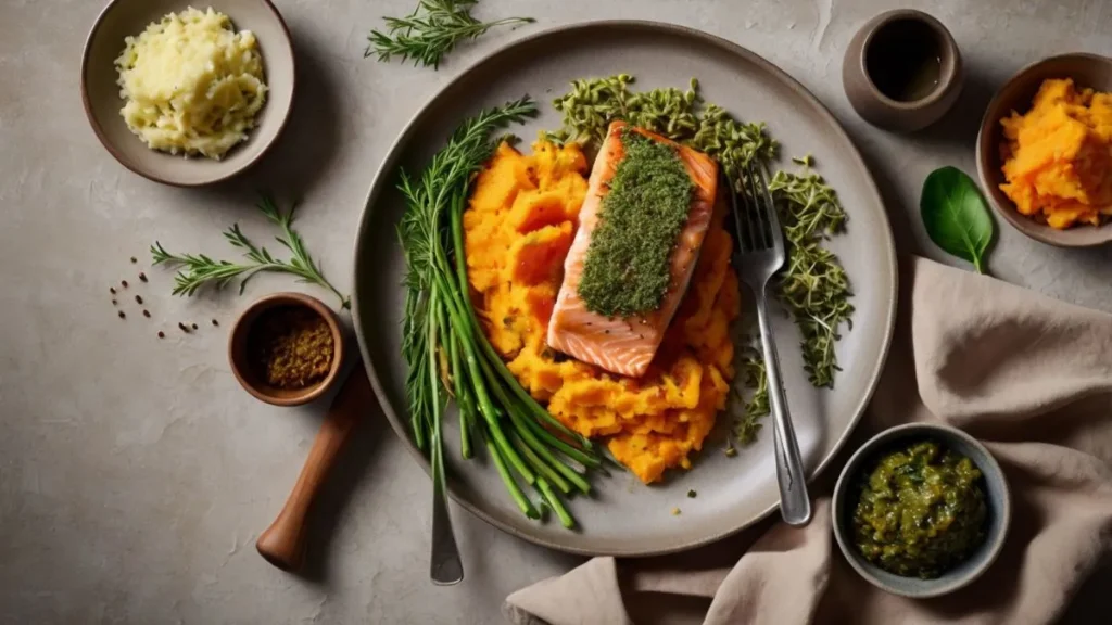 Salmão Grelhado com Crosta de Ervas e Purê de Batata Doce