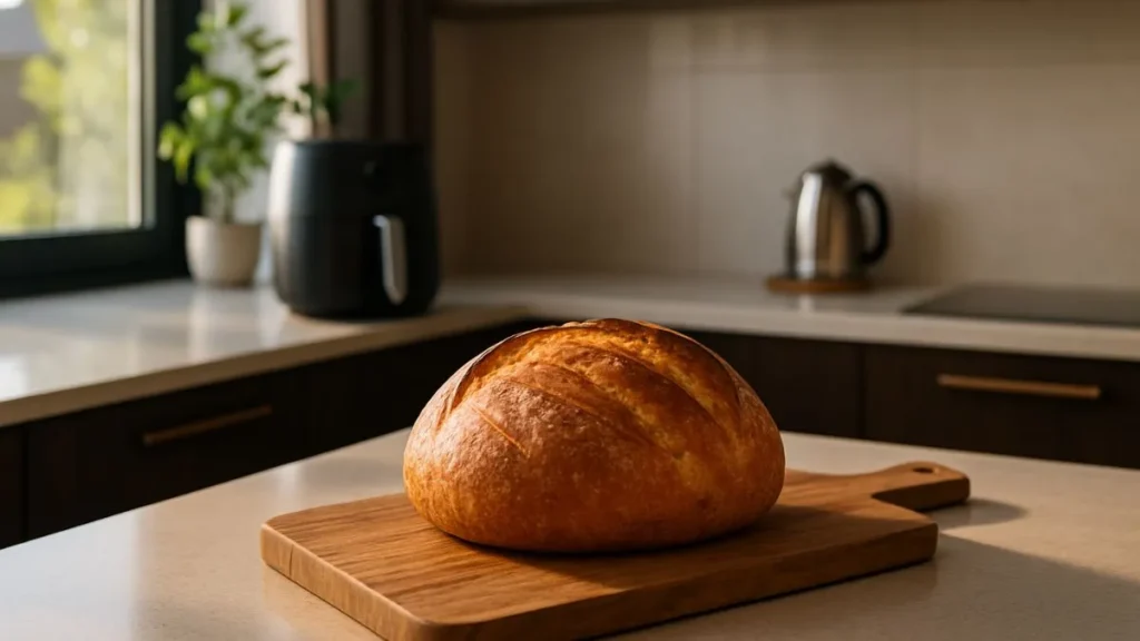 Pão em cima de uma bancada branca em uma cozinha minimalista