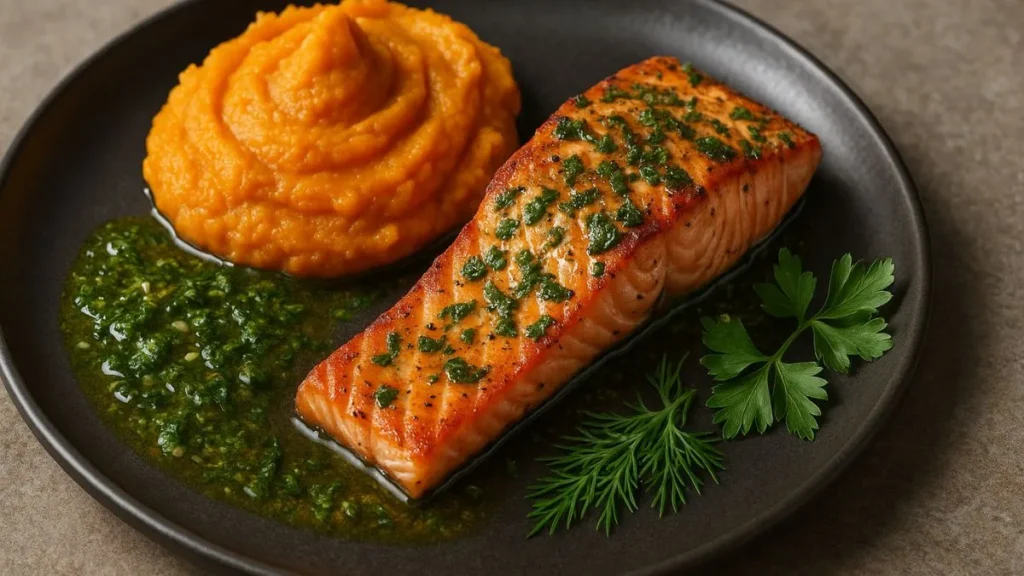 Salmão Grelhado com Crosta de Ervas e Purê de Batata Doce