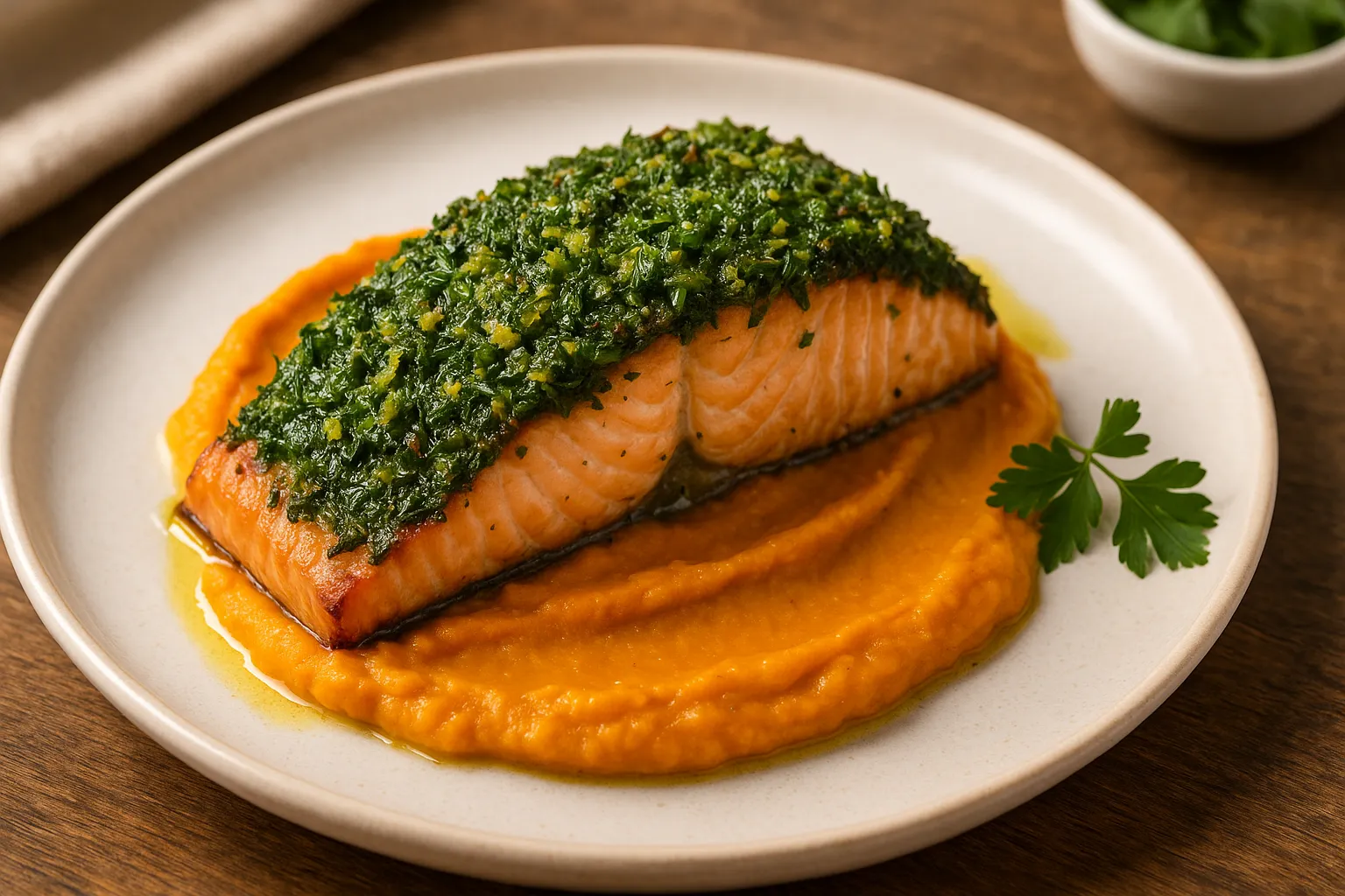 Salmão Grelhado com Crosta de Ervas e Purê de Batata Doce Receita Masterchef