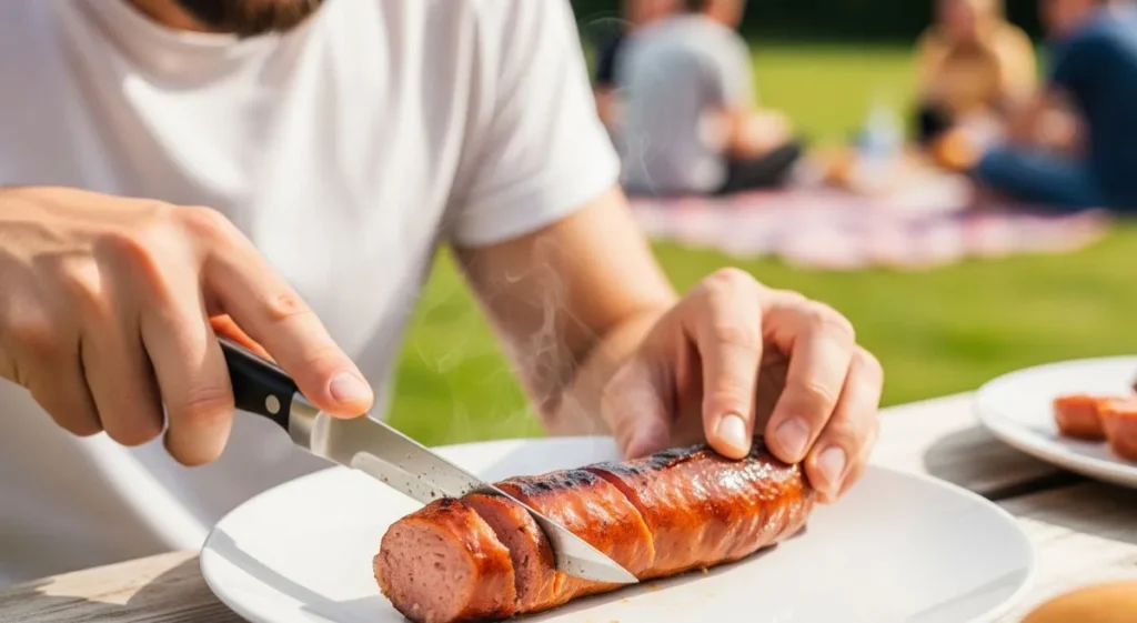 Uma pessoa cortando uma linguiça de churrasco suculenta em um prato, com fumaça saindo, ilustrando o resultado final para quem busca aprender como preparar linguiça de churrasco na airfryer.