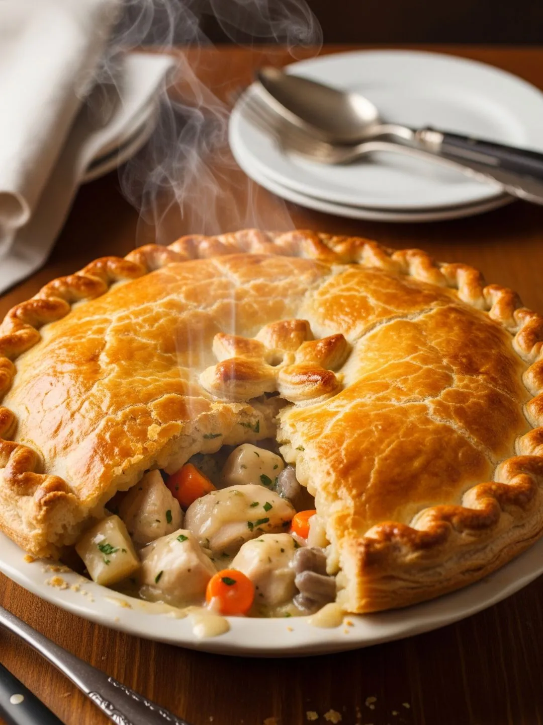 Uma torta de frango recém-assada com uma crosta dourada e vapor saindo do corte, revelando o recheio de frango e vegetais.