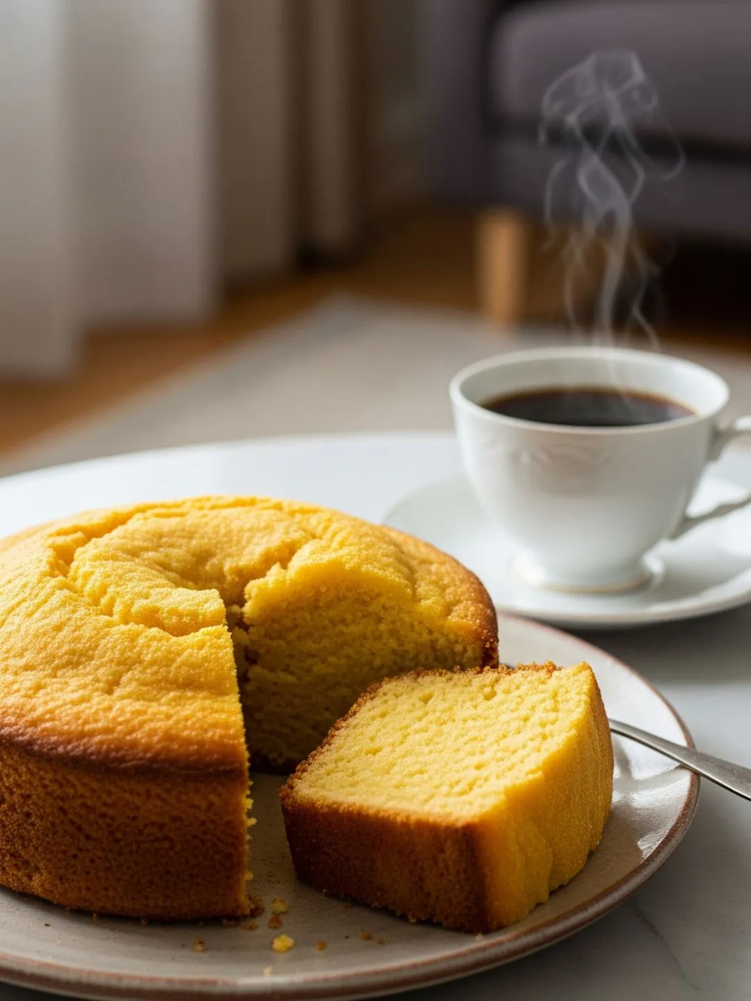 Uma fatia triangular de bolo de fubá fofinho em um prato, ao lado de uma xícara de café quente com vapor, convidando a uma pausa deliciosa.
