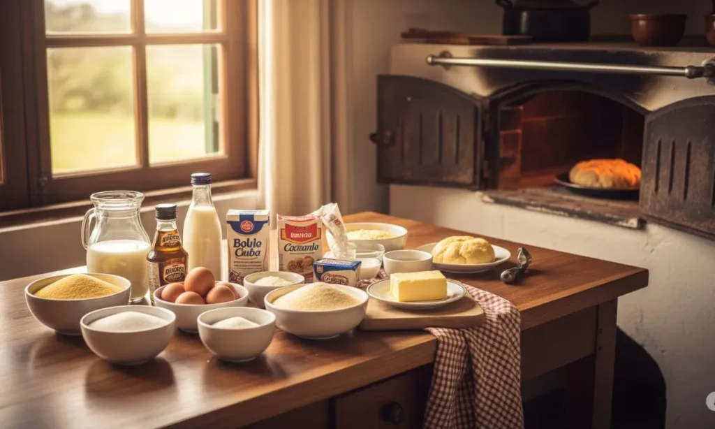 Ingredientes em uma cozinha antiga de vó com forno a lenha para preparar um bolo de fubá cremoso.