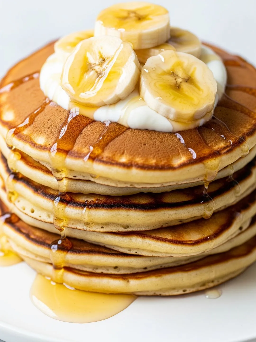 Panqueca de banana com aveia empilhada, com banana e mel, em prato branco.