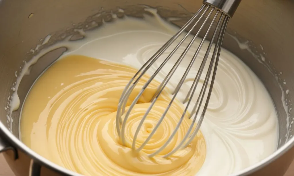 Close-up de um batedor de arame misturando leite condensado amarelo claro com creme de leite branco em uma tigela de metal, preparando o creme para uma sobremesa de travessa.