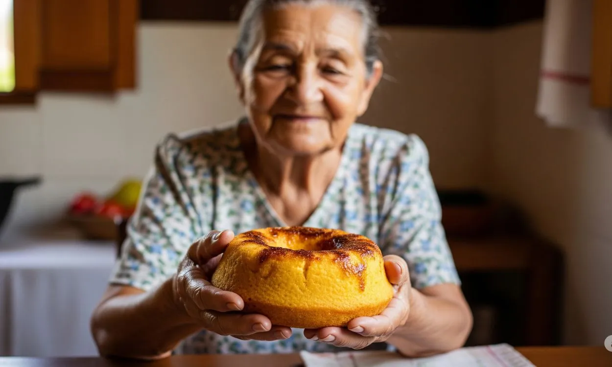 Uma vó segurando um bolo de fubá cremoso