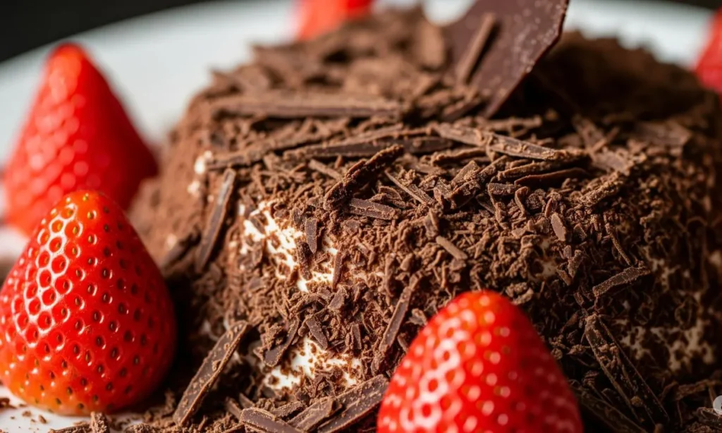 Close-up de uma sobremesa de travessa individual servida em um prato branco, ricamente coberta com raspas de chocolate escuro e decorada com morangos vermelhos vibrantes.