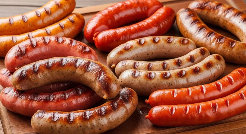 Diversos tipos de linguiça de churrasco, algumas já grelhadas e outras cruas, mostrando as opções para quem quer aprender como preparar linguiça de churrasco na airfryer.