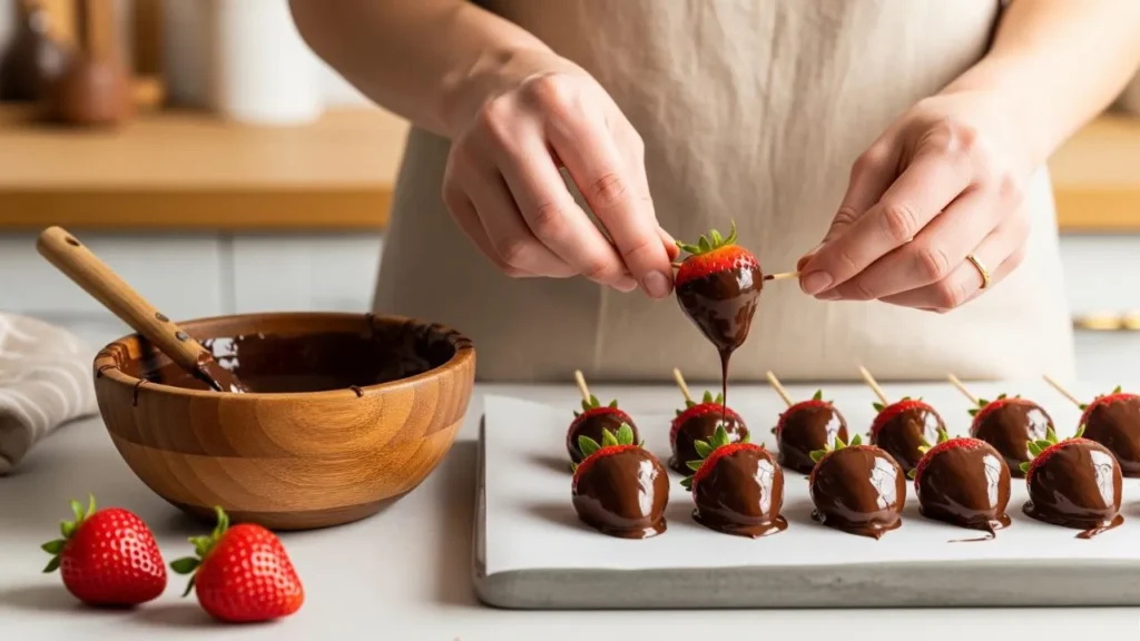 Febre do Morango do Amor: Mãos Preparando Morangos com Chocolate Derretido em uma Cozinha Aconchegante