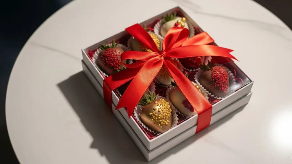 Febre do Morango do Amor: Caixa de Presente com Morangos Decorados em Ouro e Vermelho, Perfeita para Ocasiões Especiais