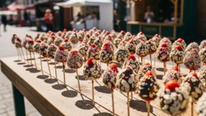 Febre do Morango do Amor: Morangos Decorados com Granulado e Amêndoas em Exposição na Feira