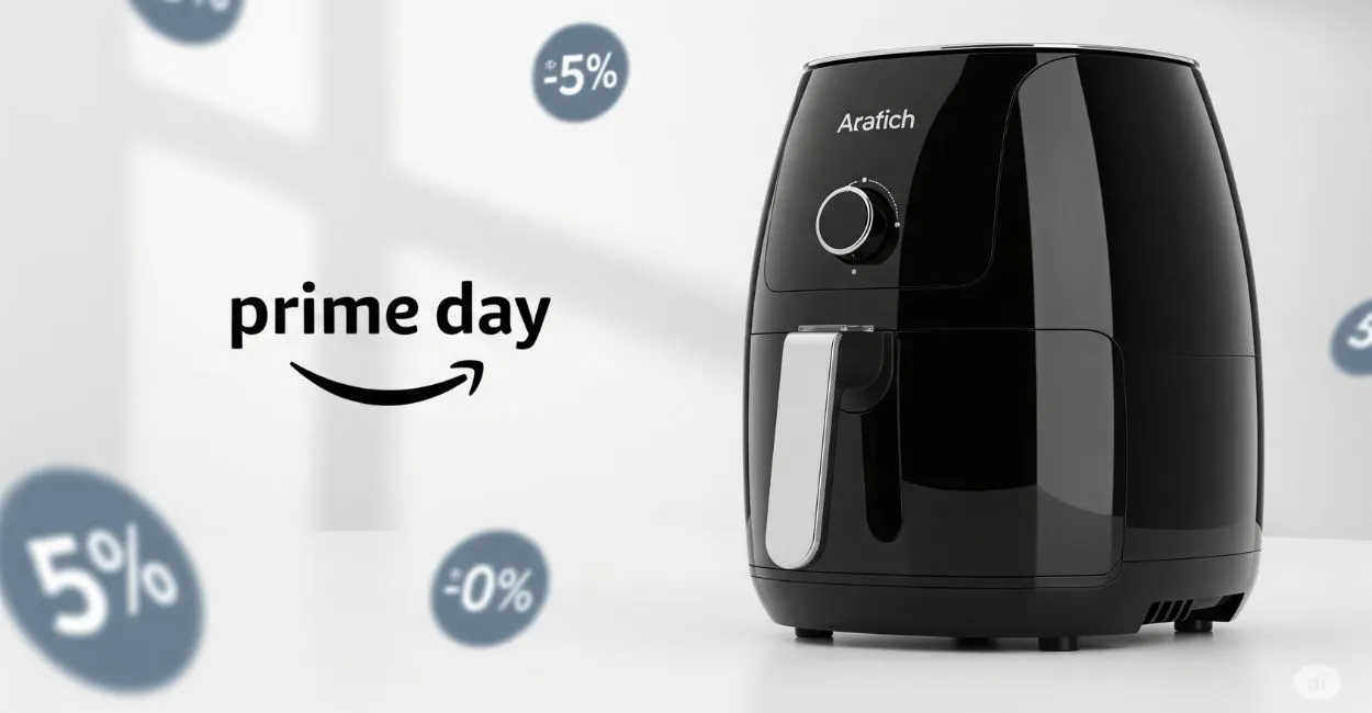 airfryer na Amazon Prime Day com selos de desconto e logo Prime Day ao fundo.