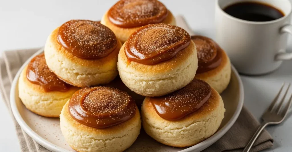 Bolinhos de chuva com doce de leite, polvilhados com açúcar e canela, em prato de cerâmica ao lado de uma xícara de café, com foco no doce de leite.