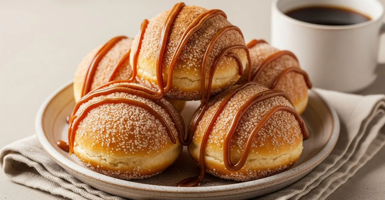 Bolinhos de chuva com doce de leite, polvilhados com açúcar e canela, servidos em prato de cerâmica com gotas de doce de leite escorrendo e uma xícara de café ao fundo.
