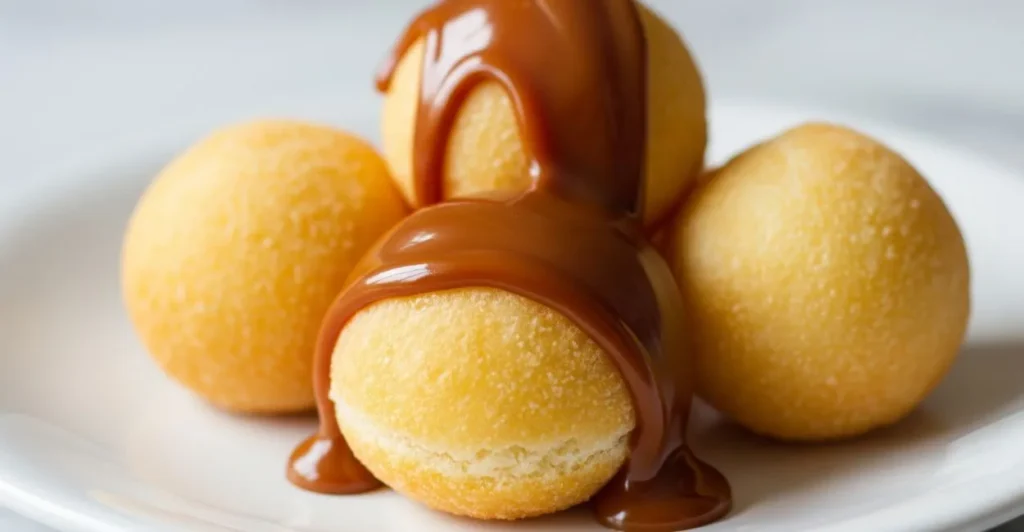 Bolinhos de chuva com doce de leite abundante, escorrendo sobre os bolinhos, servidos em prato branco.