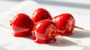 Fotografia em close-up de quatro morangos do amor com revestimento vermelho brilhante e palitos sobre papel branco.