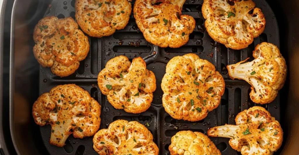 Visão de cima de uma airfryer com diversos pedaços de couve-flor crocante, com uma textura apetitosa e levemente dourada.