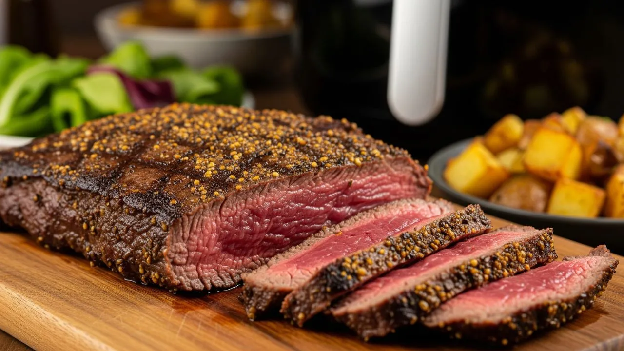 Fraldinha assada e fatiada sobre uma tábua de madeira, mostrando o interior rosado e suculento, com uma airfryer preta ao fundo, acompanhada de batatas rústicas assadas e um bowl de salada verde.