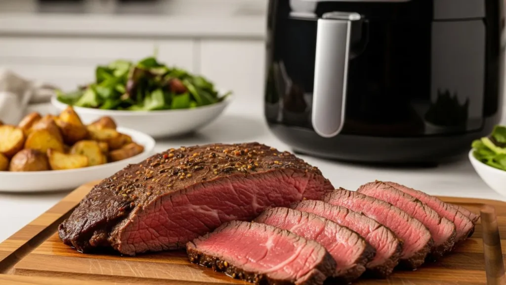 Fraldinha na airfryer assada com uma crosta dourada e crocante, parcialmente fatiada sobre uma tábua de madeira, com uma airfryer ao fundo, acompanhada de batatas assadas e salada verde desfocada, sob iluminação quente.