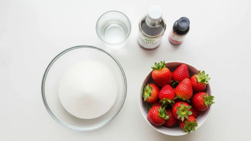 Flat lay de ingredientes para a calda do morango do amor: açúcar, água, vinagre e morangos frescos em uma bancada branca.