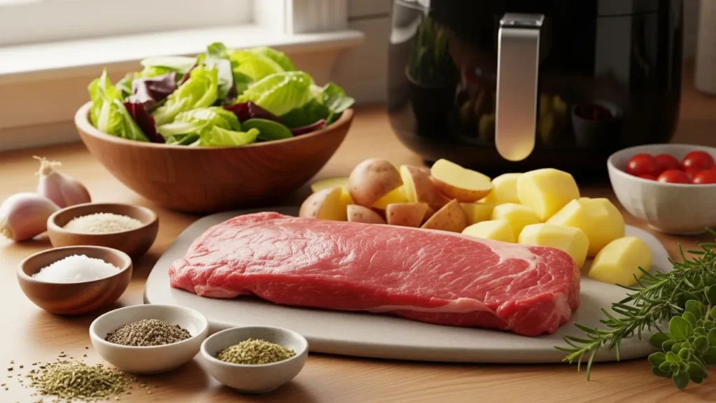 Carne de fraldinha crua sobre uma tábua com batatas picadas, temperos diversos em pequenas tigelas, alho, um bowl de salada verde, tomates cereja em um bowl branco e uma airfryer preta ao fundo. Fraldinha na airfryer