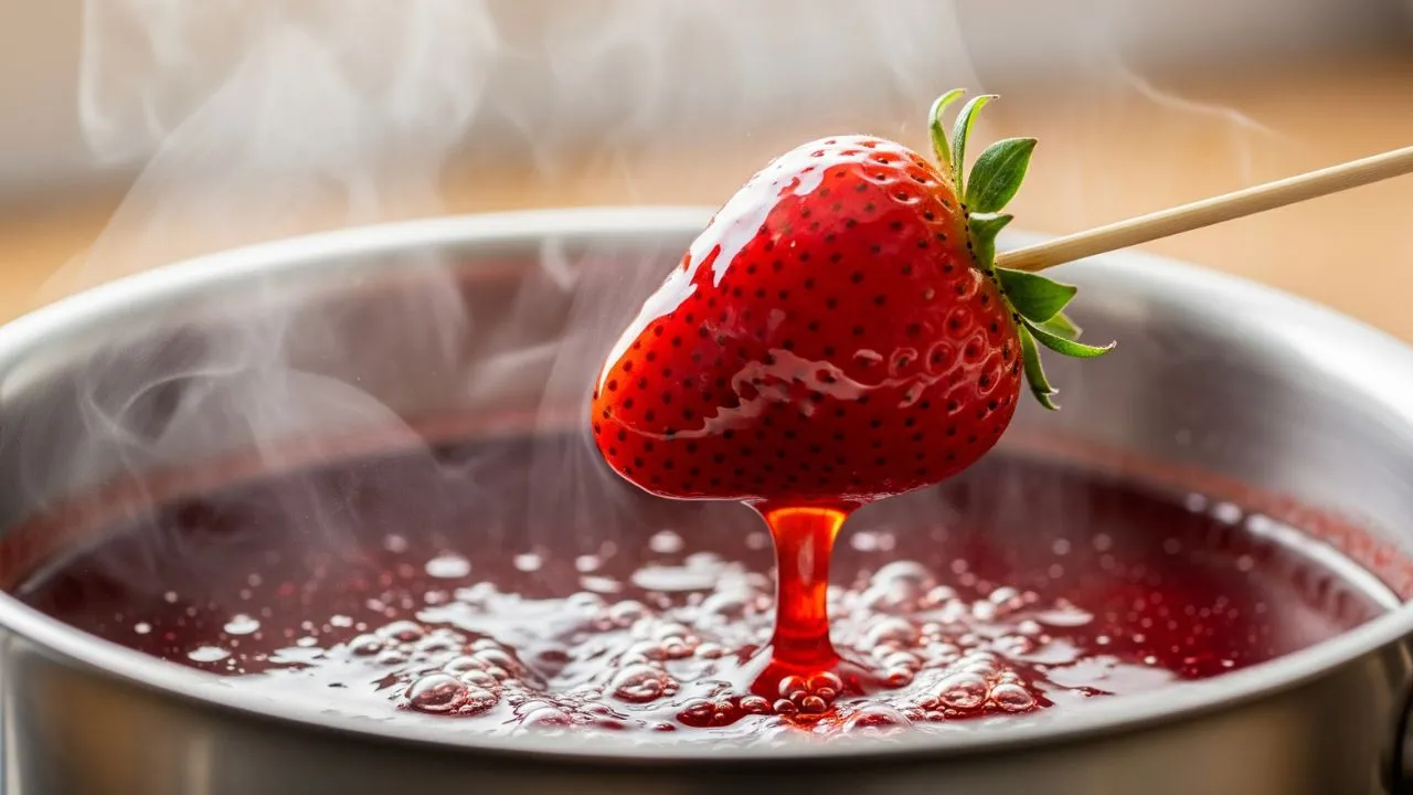 Close-up de um morango do amor vermelho brilhante em um palito, com outros morangos caramelizados desfocados ao fundo, destacando a calda do morango do amor.