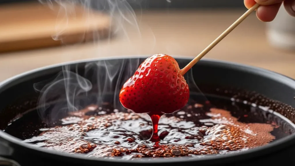 Morangos frescos sendo mergulhados em uma panela com calda do morango do amor fervente e vapor, mostrando a preparação da calda.