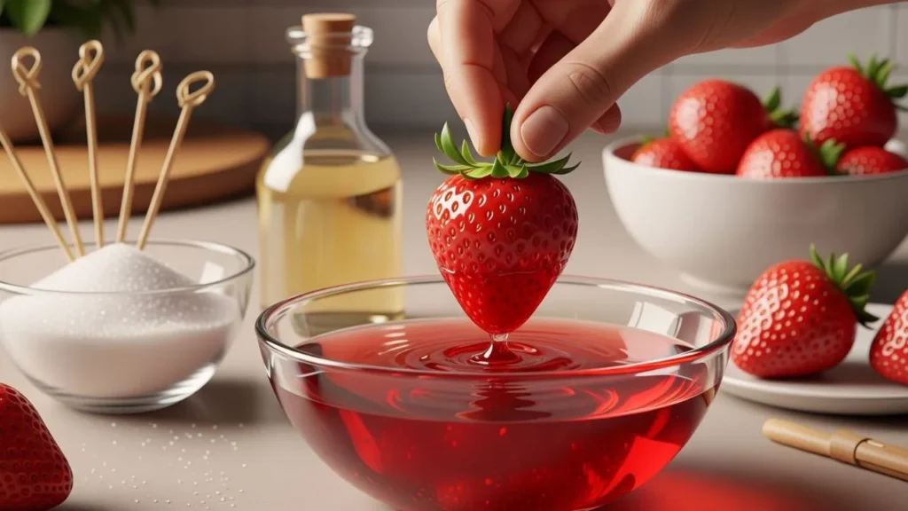 Uma mão mergulhando um morango fresco em calda de açúcar vermelha para fazer morango do amor, com ingredientes ao fundo.