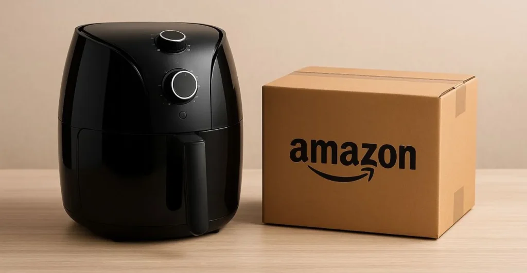 airfryer na Amazon Prime Day ao lado de uma caixa de entrega da Amazon.