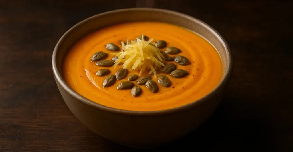 ma tigela rústica de sopa cremosa de abóbora, finalizada com sementes de abóbora tostadas e um toque de gengibre ralado, uma opção nutritiva e saborosa.
