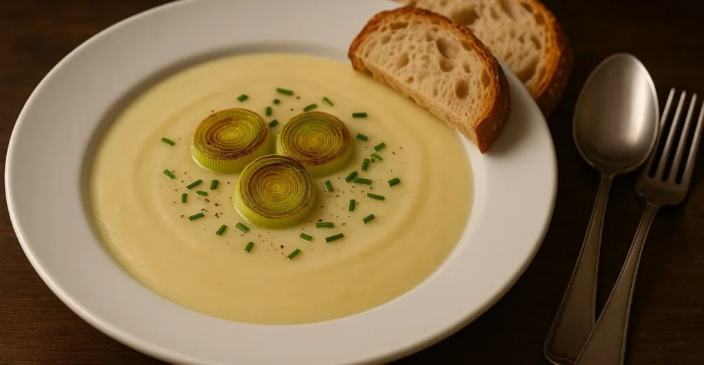 Sopa cremosa de alho-poró e batata, decorada com rodelas frescas de alho-poró e ciboulette picada, servida com fatias de pão rústico
