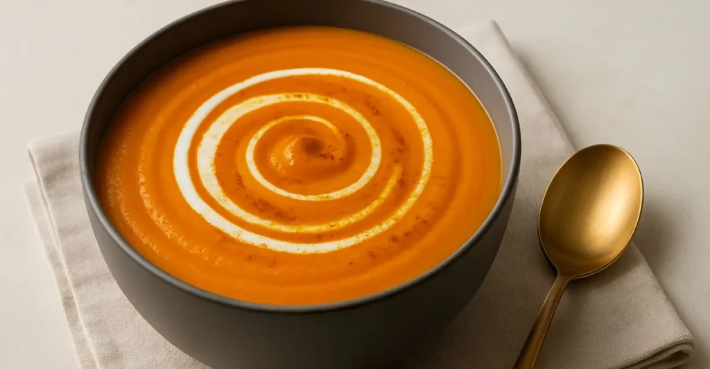 Uma sopa cremosa de cor laranja vibrante, com um elegante redemoinho de creme e um toque de páprica, servida em uma tigela escura ao lado de uma colher dourada, destacando sua textura suave.