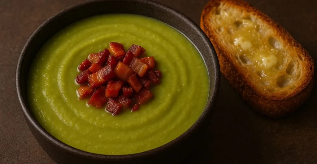 Sopa cremosa de ervilha vibrante, guarnecida com pedaços crocantes de bacon e acompanhada de torradas amanteigadas, um prato reconfortante.