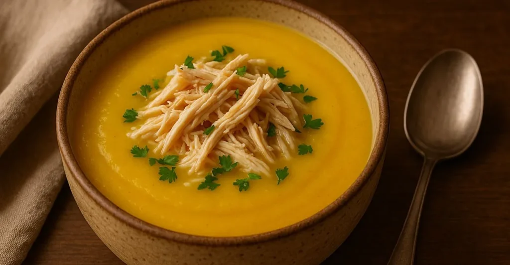 Uma tigela de sopa cremosa de frango com legumes, coberta com desfiado de frango e salsa fresca, perfeita para aquecer.