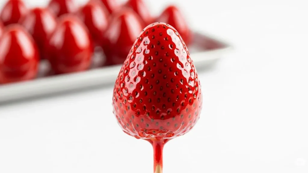 Mão segurando um morango em um palito, mergulhando-o em uma panela com a calda do morango do amor borbulhante e com vapor, em uma cozinha