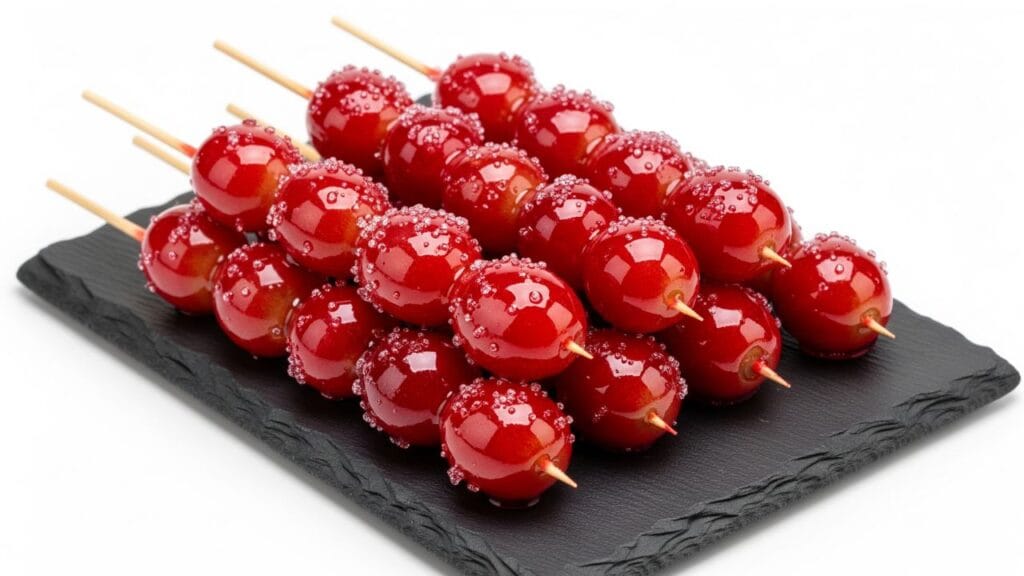 Uma imagem vibrante de Uvas do Amor vermelhas brilhantes, revestidas de açúcar, em espetos, arranjadas ordenadamente em uma bandeja preta sob iluminação de estúdio. O foco está no revestimento de açúcar brilhante.