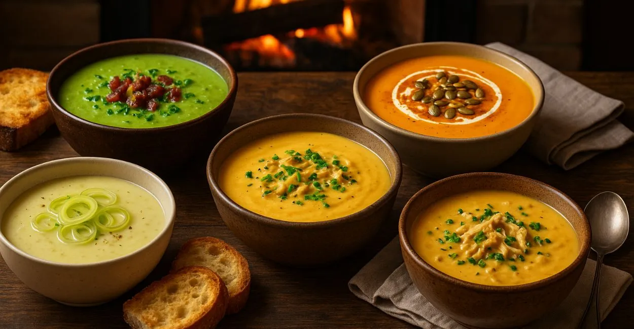 Uma seleção convidativa de diversas sopas cremosas em tigelas, incluindo opções verdes, laranjas e amarelas, dispostas em uma mesa de madeira em frente a uma lareira, ideal para noites frias.