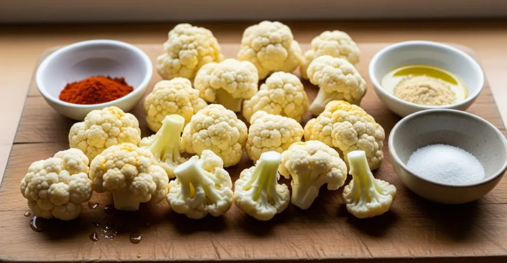 Ingredientes frescos para preparar couve-flor crocante na airfryer, incluindo floretes de couve-flor e tigelas com páprica, azeite temperado e sal sobre uma tábua de madeira.