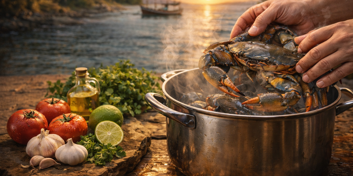 Imagem de uma pessoa tirando um caranguejo da panela, ao lados de legumes.